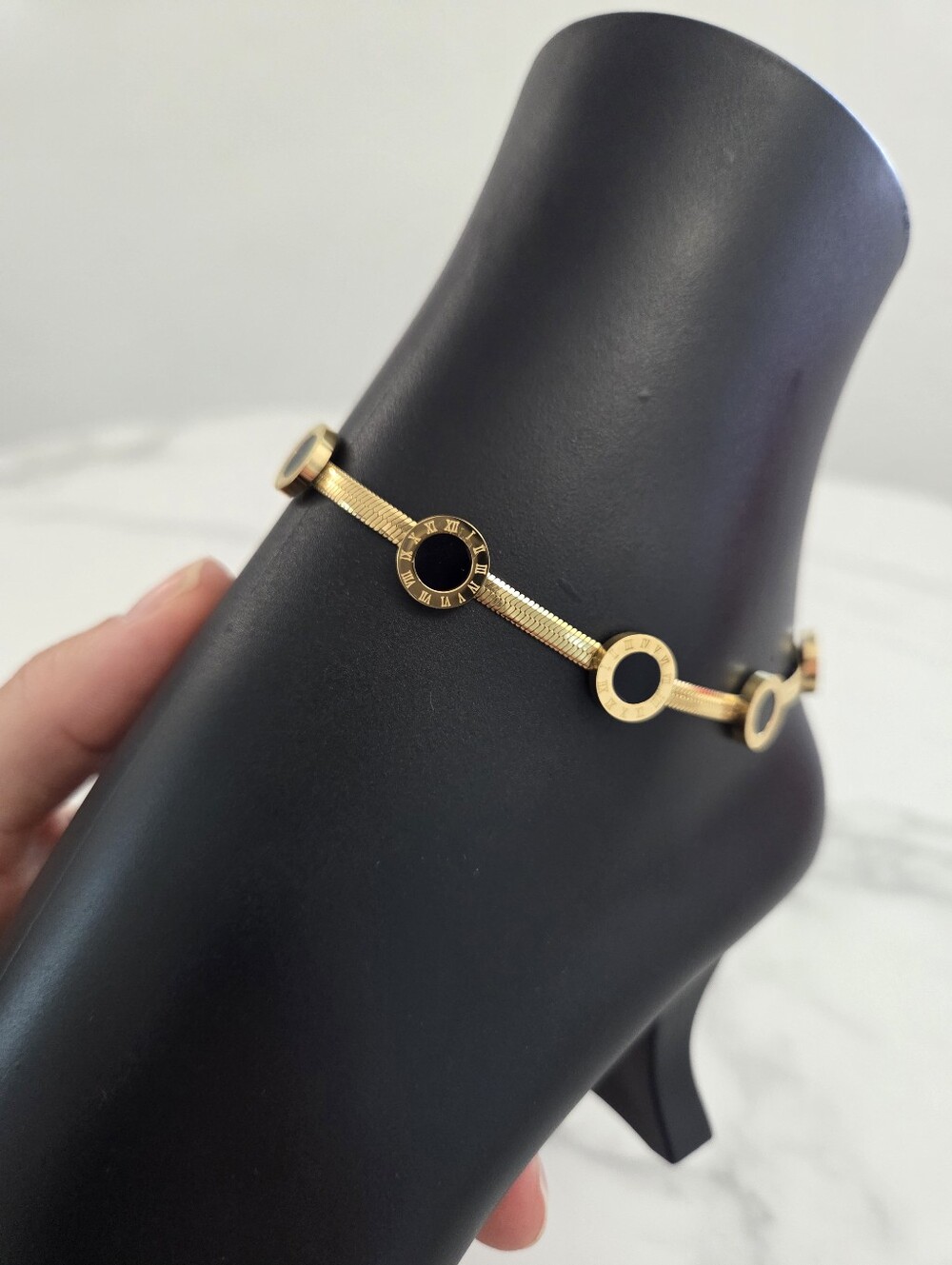 Gold Plated Roman Numeral Disc Herringbone Anklet Minimalist Summer Jewelry